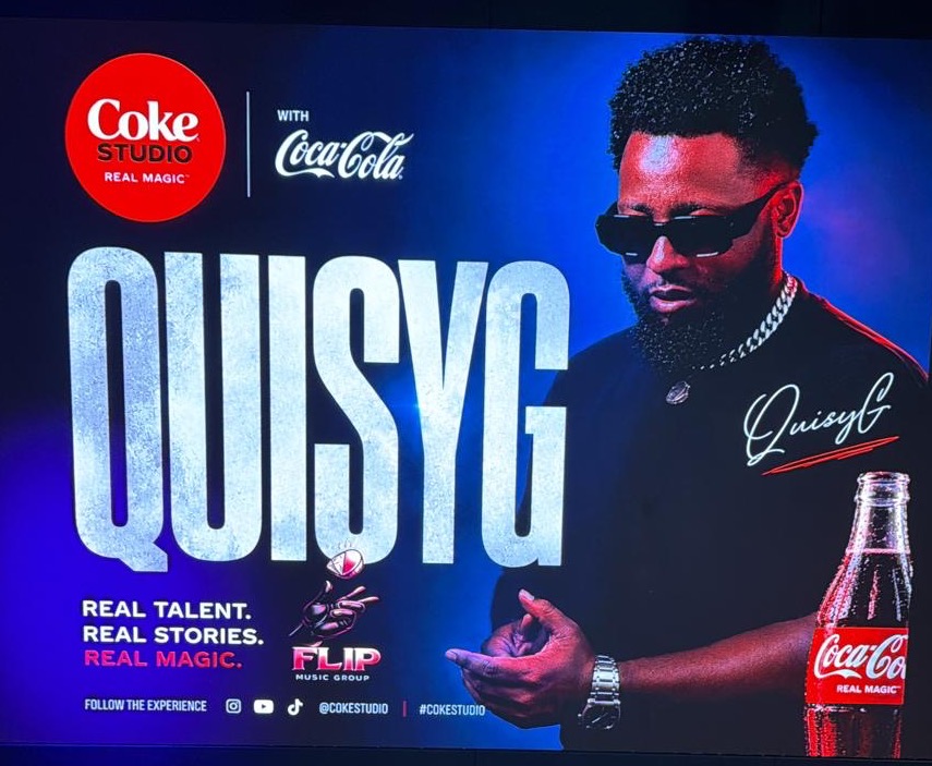 Coke Studio billboard featuring QuisyG and the Flip Music Group logo, with the line Real Talent. Real Stories. Real Magic.